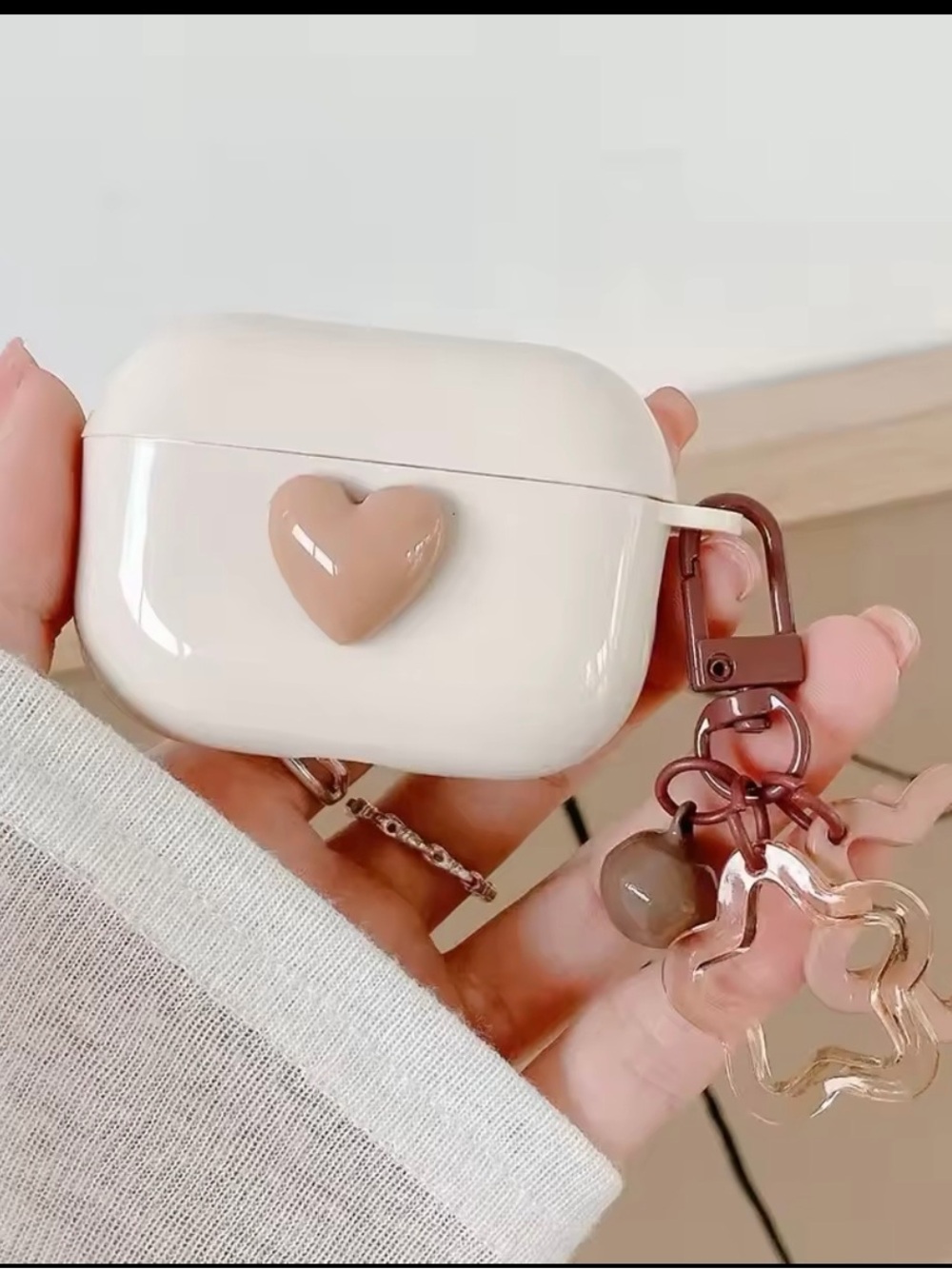 Cream AirPods Case with Beige Heart Accent and Brown Keyring